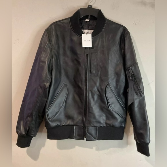 COACH Men’s MA-1 Jacket Lamb Leather Black Bomber Biker Sz S NWT - Picture 4 of 11
